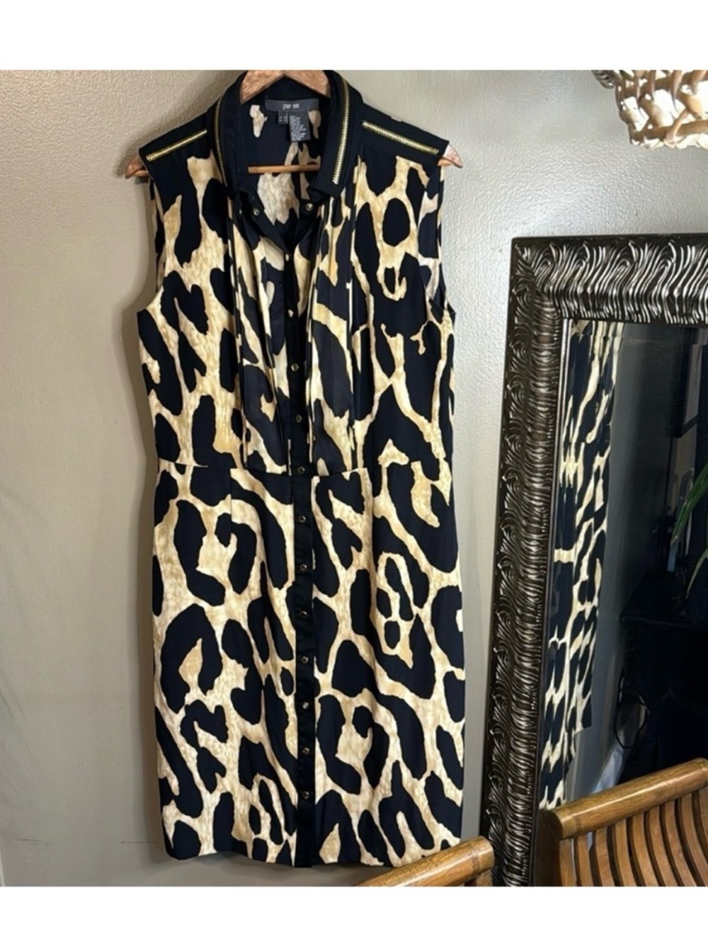 PER SE by CARLISLE Collared Sleeveless Animal-Print Shirt Dress in Black and Tan - Picture 3 of 12